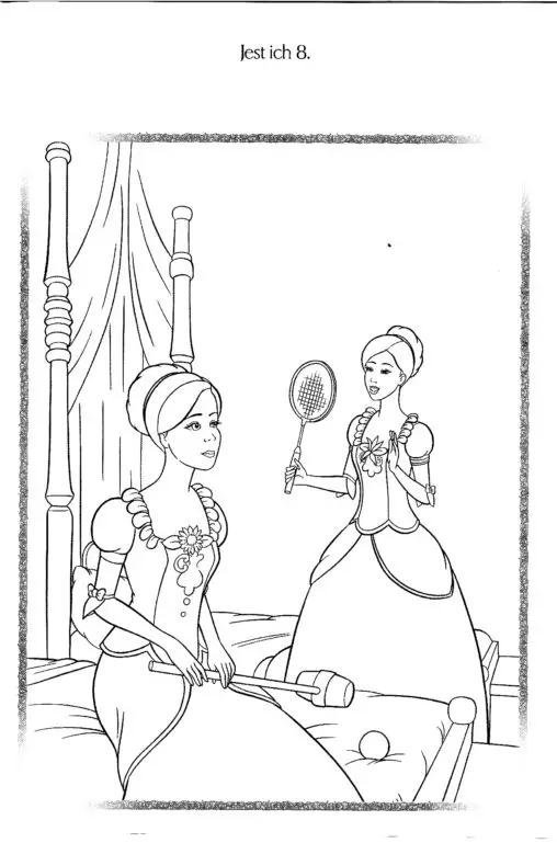 Kolorowanka księżniczka dwie księżniczki w sukniach szukają zabawę w sypialni