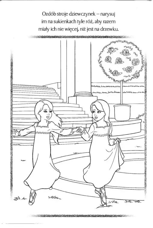 Kolorowanka księżniczka dwie małe księżniczki skaczą radośnie trzymając się za ręce po ogrodzie przed zamkiem