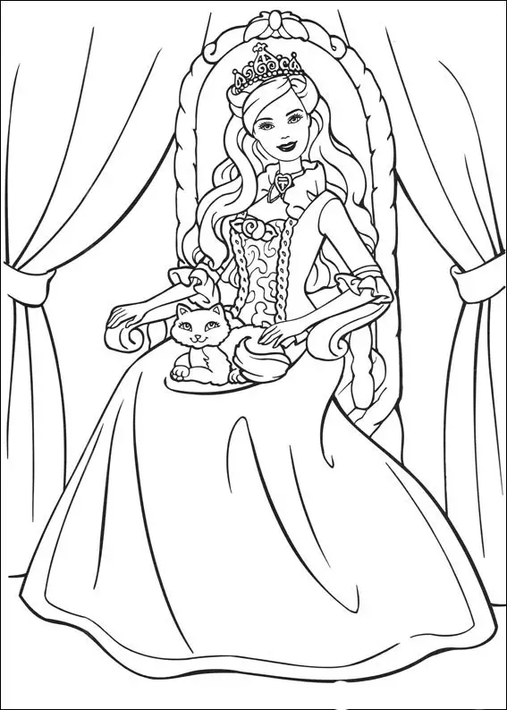 Kolorowanka księżniczka siedzi na ozdobnym tronie w pięknej sukni i z koroną na głowie oraz kotem na kolanach