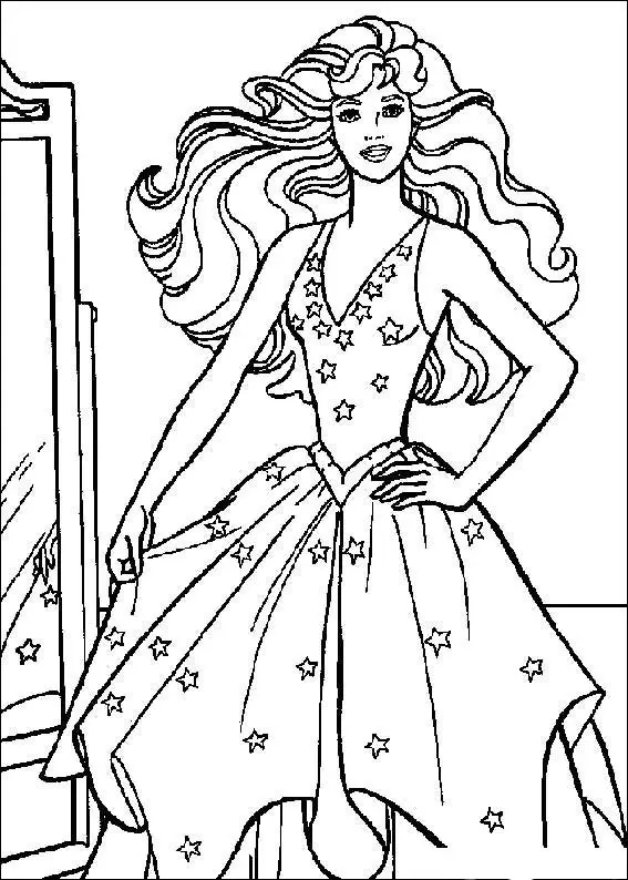 Kolorowanka księżniczka stoi przy lustrze z rozpuszczonymi włosami w sukni z gwiazdkami