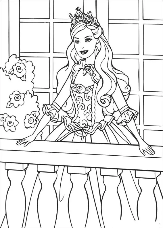 Kolorowanka księżniczka stoi w pięknej sukni z koroną na balkonie obok kwiatów
