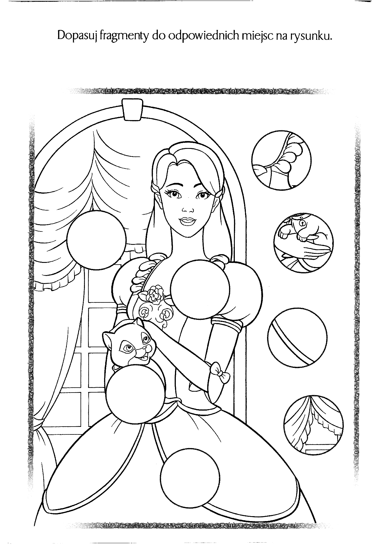 Kolorowanka księżniczka stoi w sukni z kotem w ręce pod oknem do dopasowania elementów