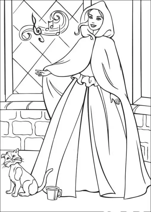 Kolorowanka księżniczka stoi w szatach z kapturem obok kota i śpiewa