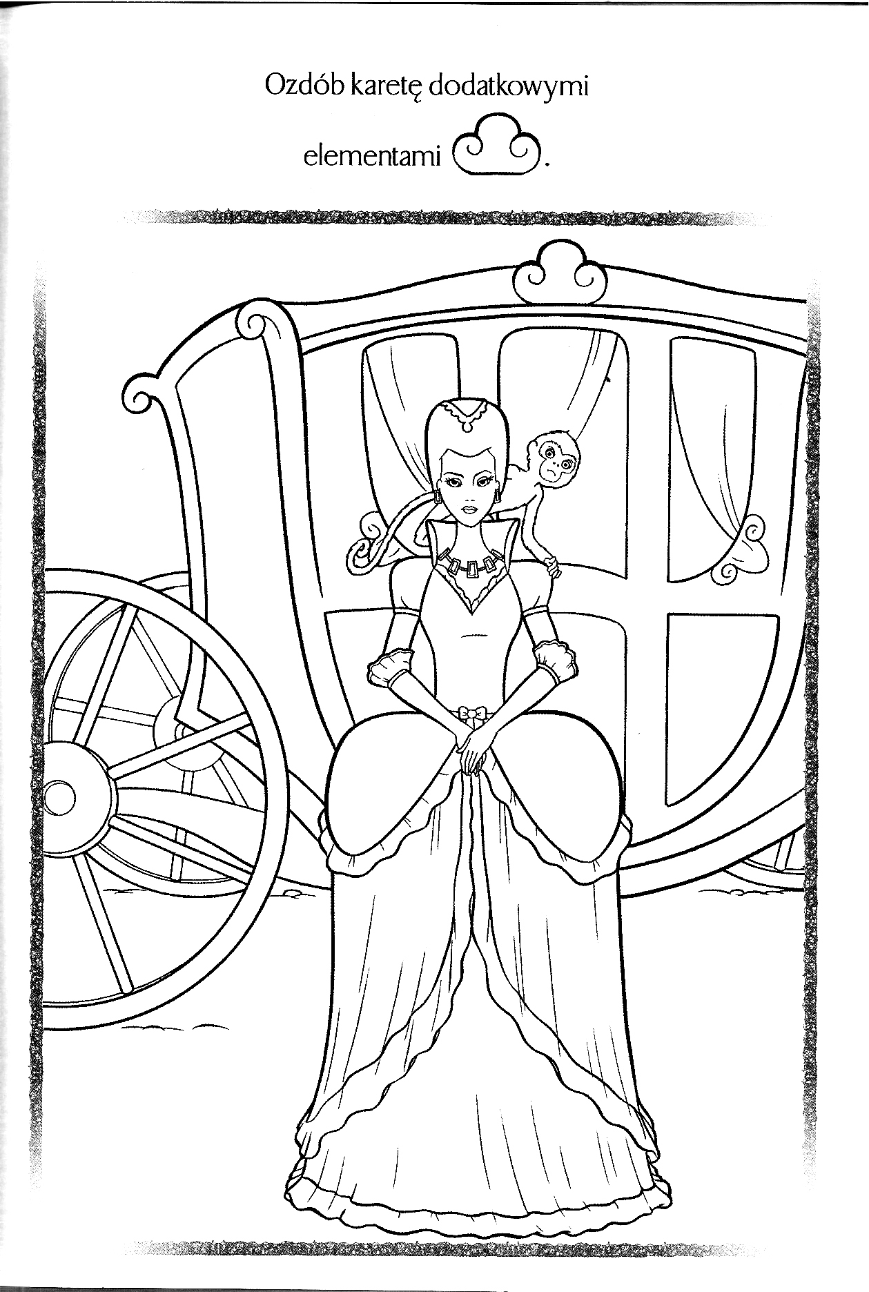 Kolorowanka księżniczka stoi w szerokiej odświętnej sukni przed karotą z małpką na ramionach