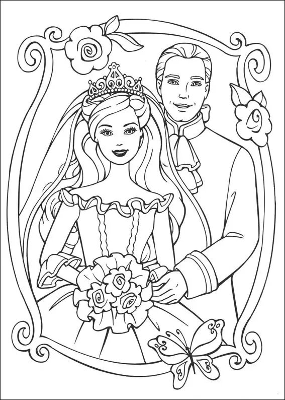 Kolorowanka księżniczka stoi w welonie z koroną przed ozdobnym lustrem obok księcia i trzyma kwiaty