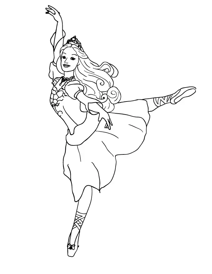 Kolorowanka księżniczka tańczy balet w pięknej sukni, z koroną na głowie oraz z rozpuszczonymi włosami