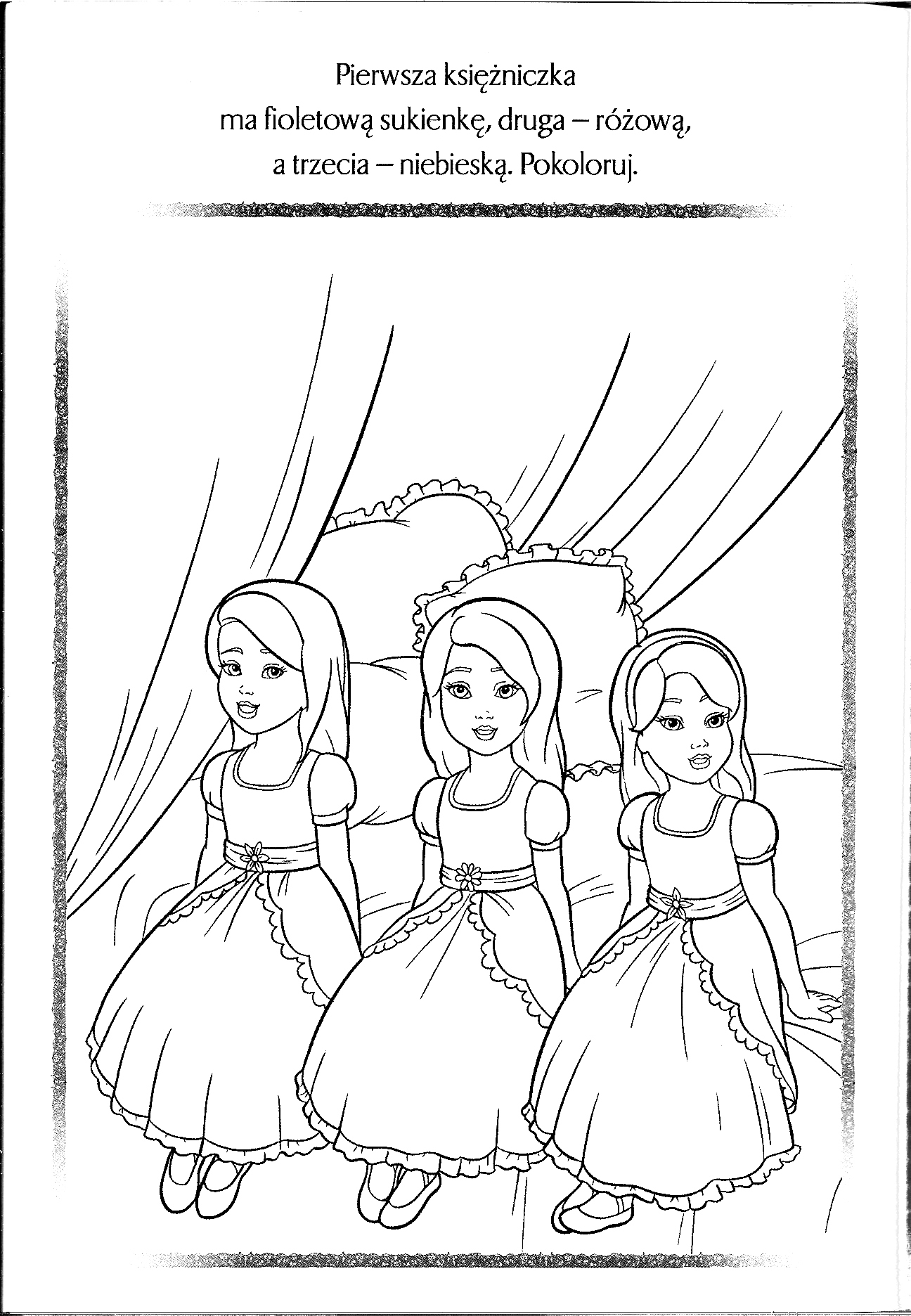 Kolorowanka księżniczka trzy małe księżniczki siedzą w ozdobnych sukniach na łóżku królewskim