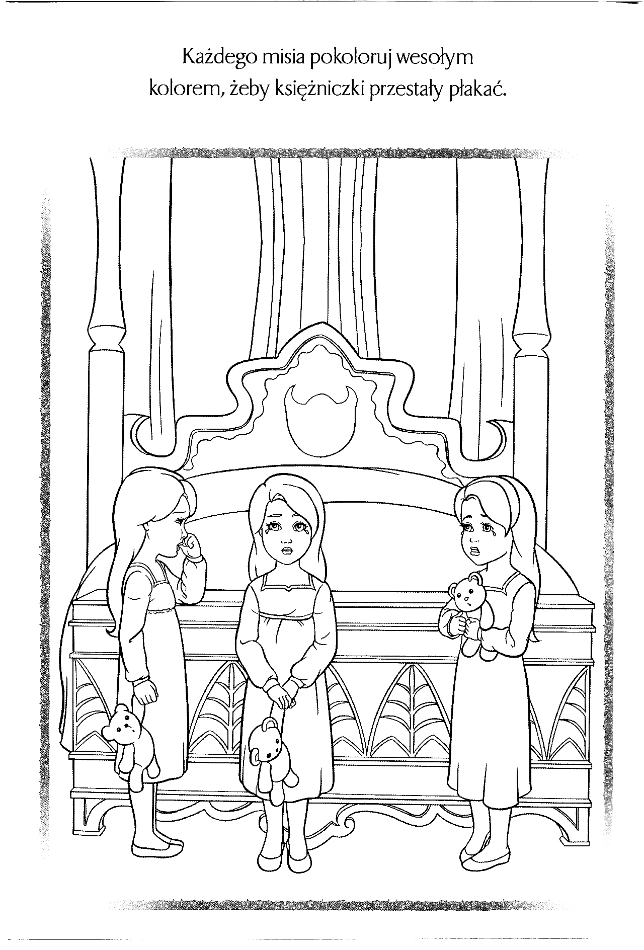 Kolorowanka księżniczka trzy małe księżniczki stoją przy pustym łożu królewskim i płaczą trzymając misie