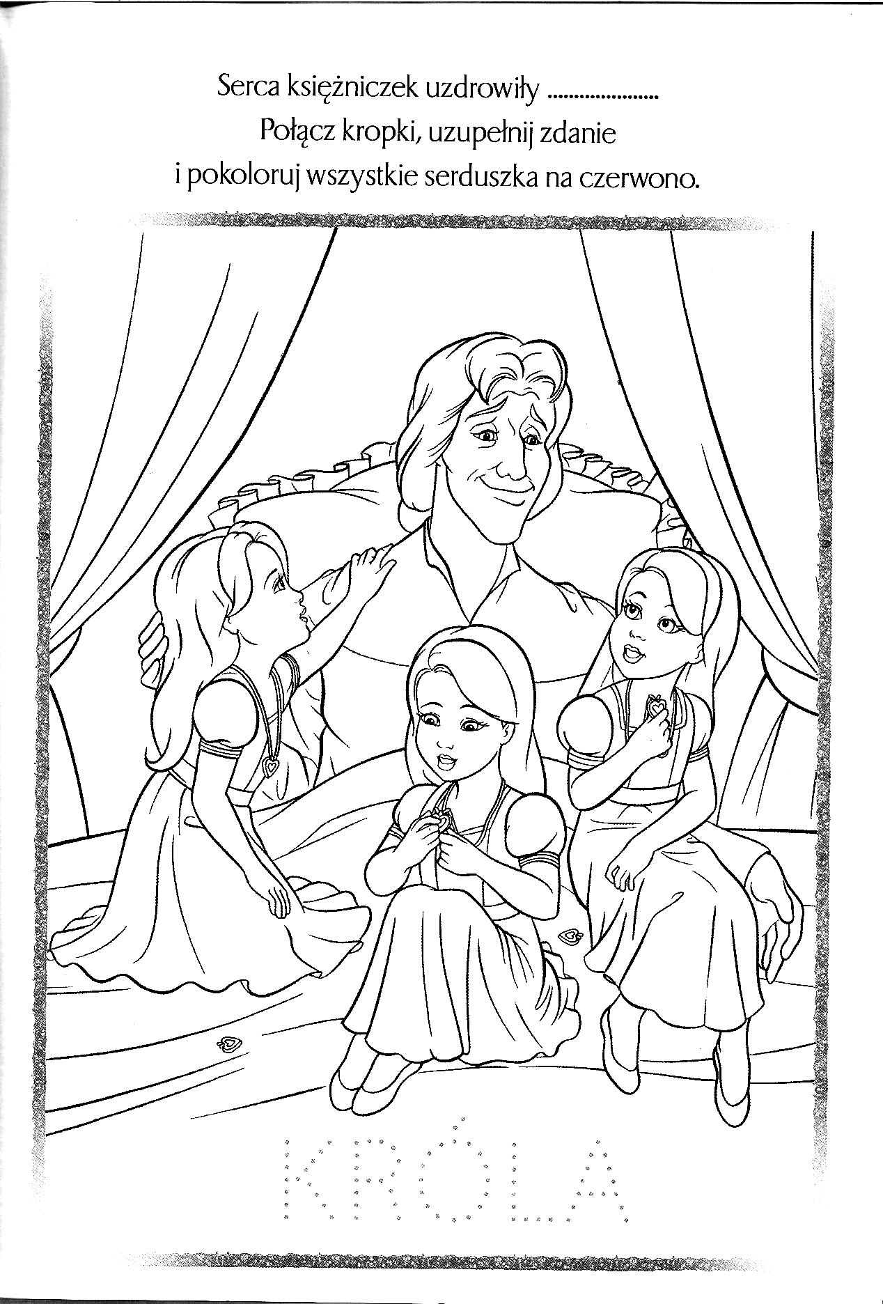 Kolorowanka księżniczka trzy małe księżniczki w sukniach siedzą na królewskim łożu i spoglądają na króla