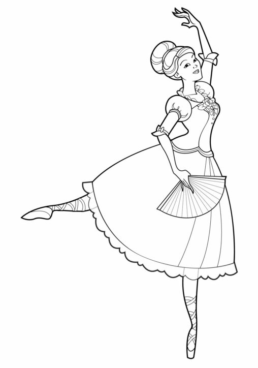 Kolorowanka księżniczka w koronie ze splecionymi włosami tańczy balet trzymając w dłoni wachlarz