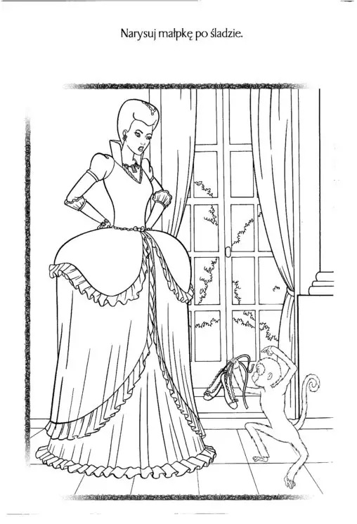 Kolorowanka księżniczka w sukni spogląda niezadowolona z góry na małpkę skaczącą pod oknem z butami w ręce