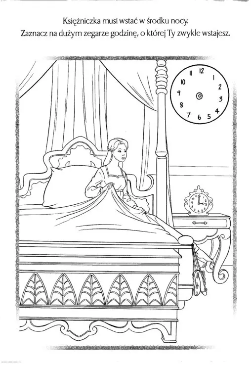 Kolorowanka księżniczka wstaje z dużego królewskiego łóżka i patrzy się na zegar stojący na szafce nocnej