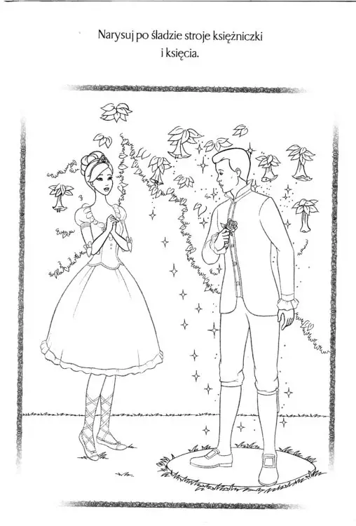 Kolorowanka księżniczka zachwycona stoi w ogrodzie przed księciem z kwiatkiem w dłoni