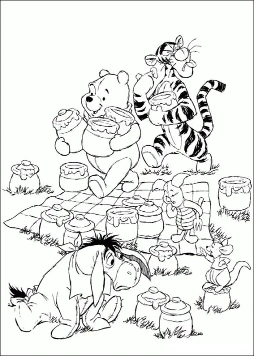 Kolorowanka Kubuś Puchatek idzie niosąc z Tygryskiem miód do swoich przyjaciół robiących piknik