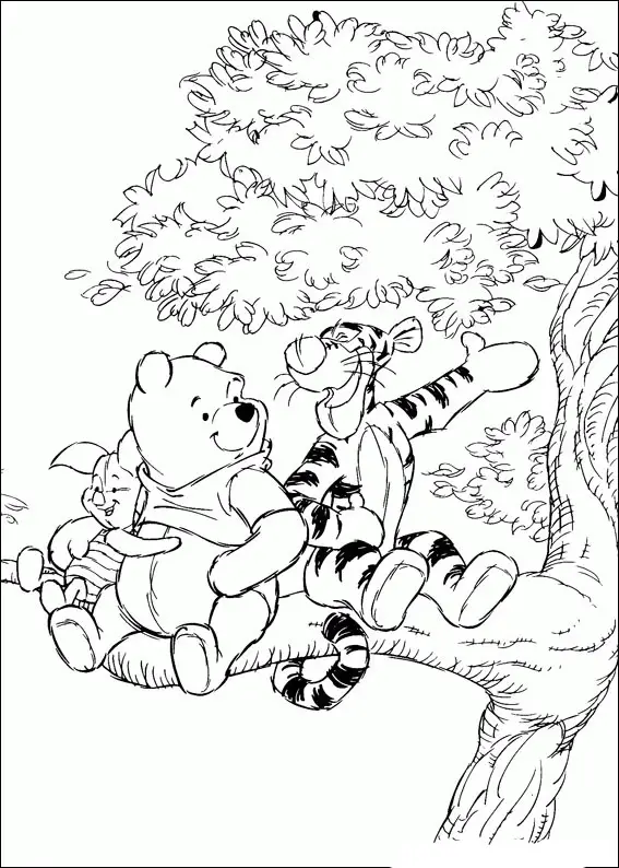 Kolorowanka Kubuś Puchatek siedzi na gałęzi drzewa z Tygryskiem i przytulanym Prosiaczkiem