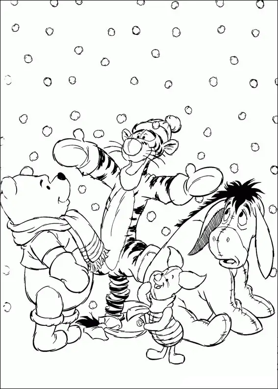 Kolorowanka Kubuś Puchatek stoi na dworze gdzie pada śnieg wraz z Tygryskiem, Prosiaczkiem i Klapouchym ubrani w stroje zimowe