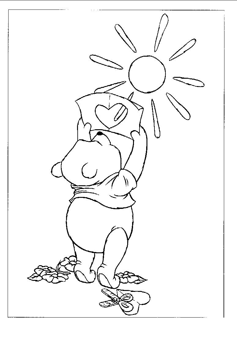 Kolorowanka Kubuś Puchatek stoi trzymając kartkę z wyciętym sercem i kieruje w stronę Słońca