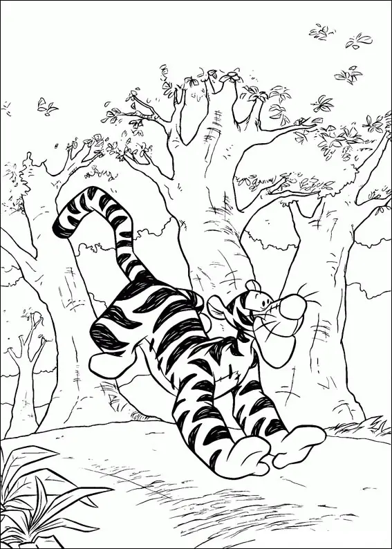 Kolorowanka Kubuś Puchatek Tygrysek radośnie skacze przez las