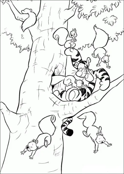 Kolorowanka Kubuś Puchatek Tygrysek siedzi na gałęzi drzewa i straszy wiewiórki