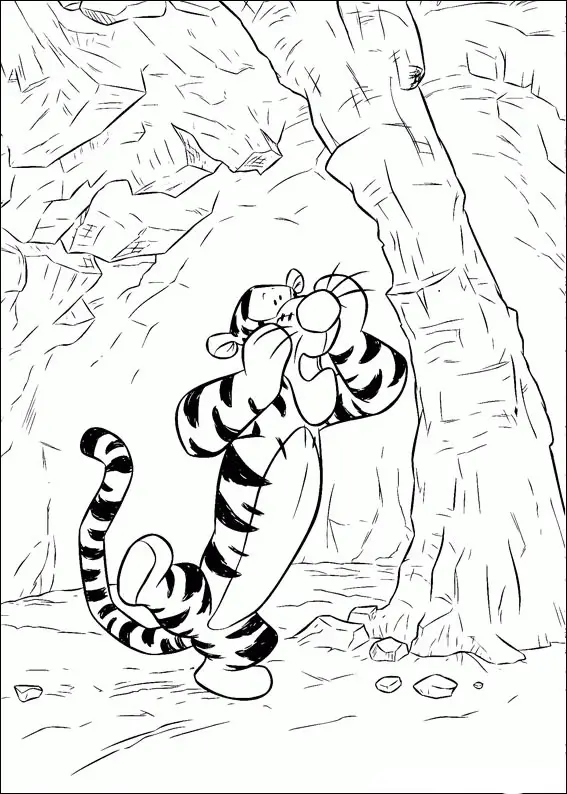 Kolorowanka Kubuś Puchatek Tygrysek stoi przestraszony w jaskini