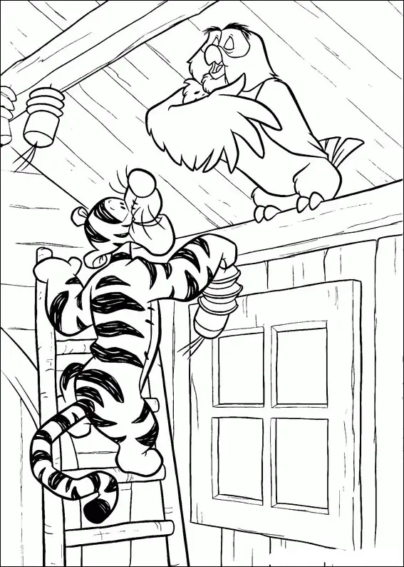 Kolorowanka Kubuś Puchatek Tygrysek wchodzi na drabinę do Sowy rozwieszając ozdoby pod sufitem