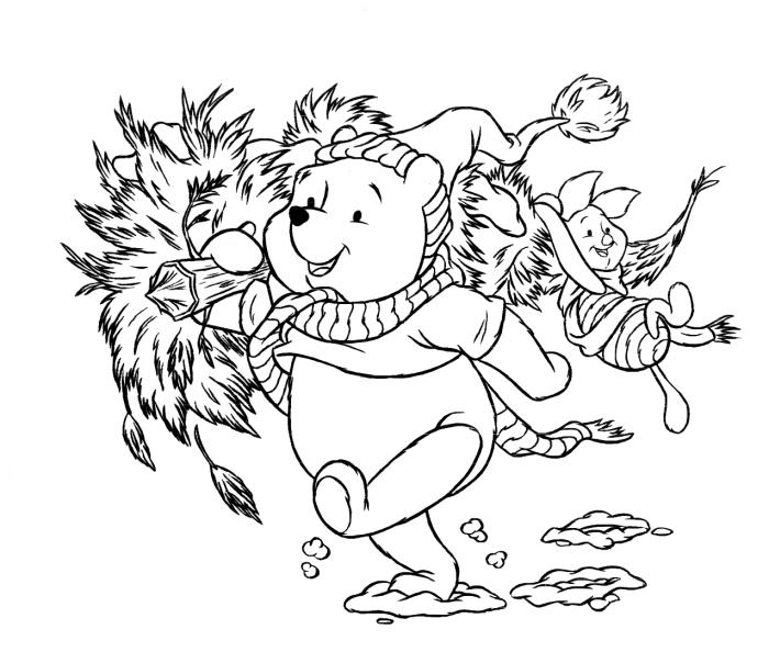 Kolorowanka Kubuś Puchatek w czapce świątecznej biegnie trzymając choinkę w rękach z trzymającym się jej Prosiaczkiem