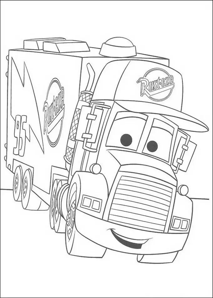 Kolorowanka Zygzak Mcqueen ciężarówka Mack kierowca Zygzaka w czapce z przyczepą uśmiecha się