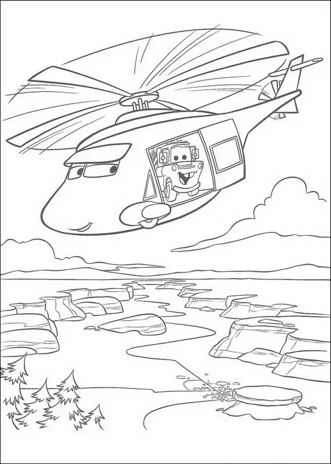 Kolorowanka Zygzak Mcqueen Złomek leci helikopterem nad wąwozem i się cieszy