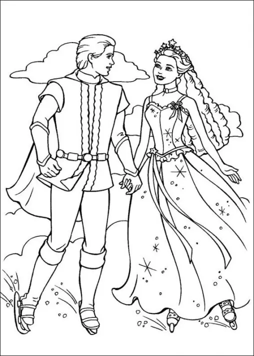Kolorowanka barbie jedzie w pięknej sukni na łyżwach trzymając za rękę księcia