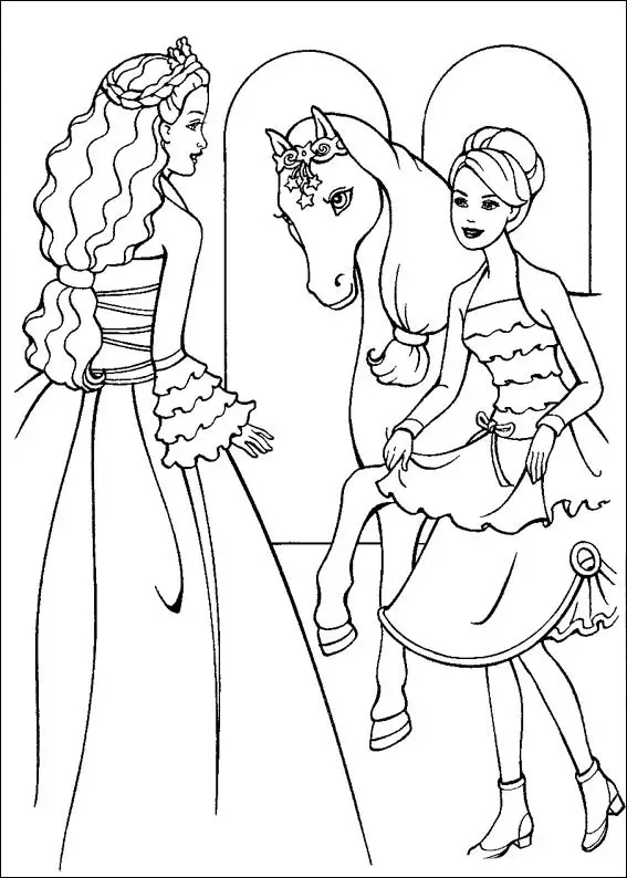 Kolorowanka barbie przyjmuje w pałacu księżniczkę wraz z koniem w ozdobnej koronie