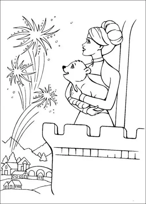 Kolorowanka barbie stoi na balkonie pałacu z niedźwiadkiem w rękach i ogląda pokaz sztucznych ogni nad miastem