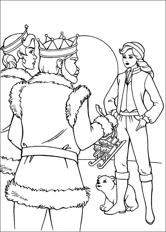 Kolorowanka barbie stoi obrażona przed królem i królową, którzy zabraniają jej jazdy na łyżwach