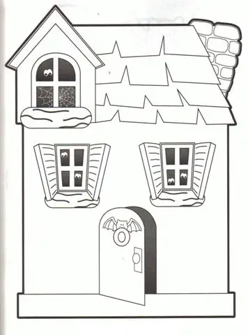 Kolorowanka halloween mały kwadratowy dom z otwartymi drzwiami