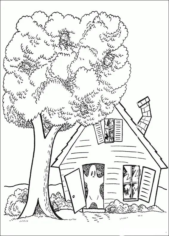 Kolorowanka halloween mały samotny domek nawiedzany przez duchy stoi obok bardzo dużego drzewa