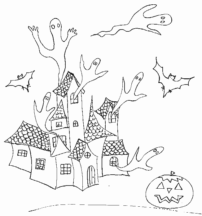 Kolorowanka halloween nawiedzony dom z duchami wylatującymi z okien