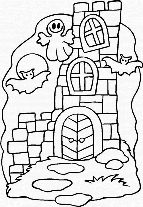Kolorowanka halloween ruiny murów zamku straszone przez duchy i nietoperze