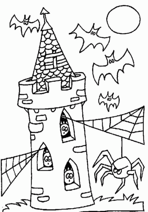 Kolorowanka halloween straszna wieża pełna pająków i nietoperzy