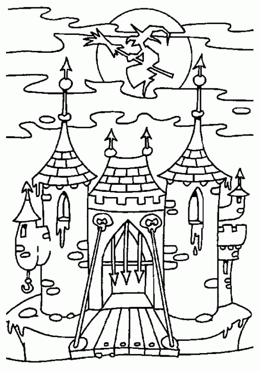Kolorowanka halloween straszny zamek z fosą i opuszczoną bramą oraz wiedźmą na miotle
