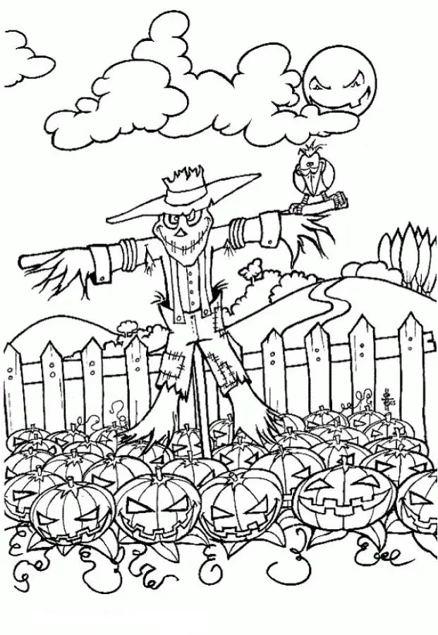 Kolorowanka halloween trach na wróble straszy na ogrodzonym płotem polu pełnym dyń z twarzami