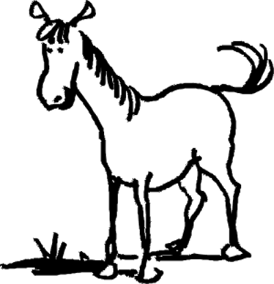 Kolorowanka konie koń z dużymi uszami i uniesionym ogonem stoi na trawie