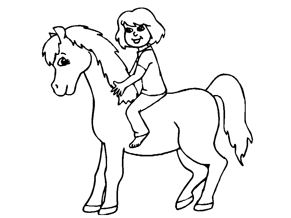 Kolorowanka konie mały koń stoi bokiem z dzieckiem na grzbiecie