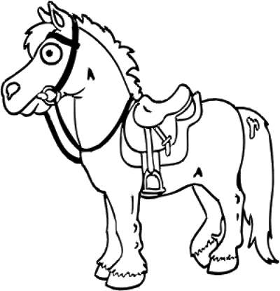 Kolorowanka konie mały konik z założonym na grzbiecie siodłem oraz lejcami