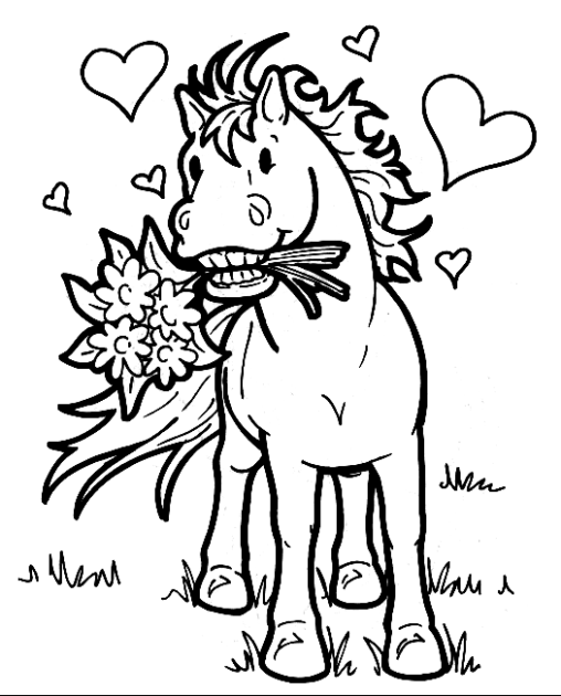 Kolorowanka konie zakochany koń stoi z kwiatami w zębach i sercami wokół