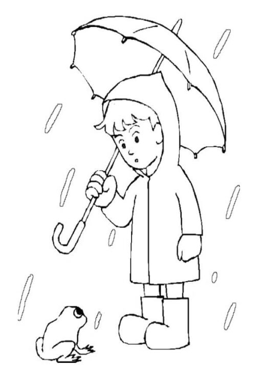 Chłopiec pod parasolem w deszczu