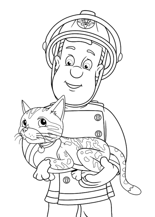 Strażak Sam z uratowanym kotkiem